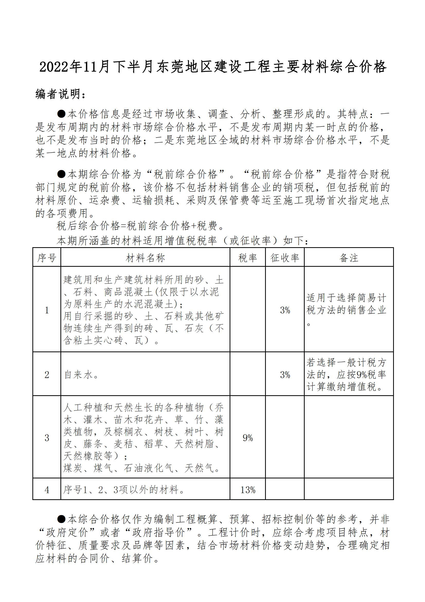 2022年11月下半月东莞地区建设工程主要材料价格信息-预览图1