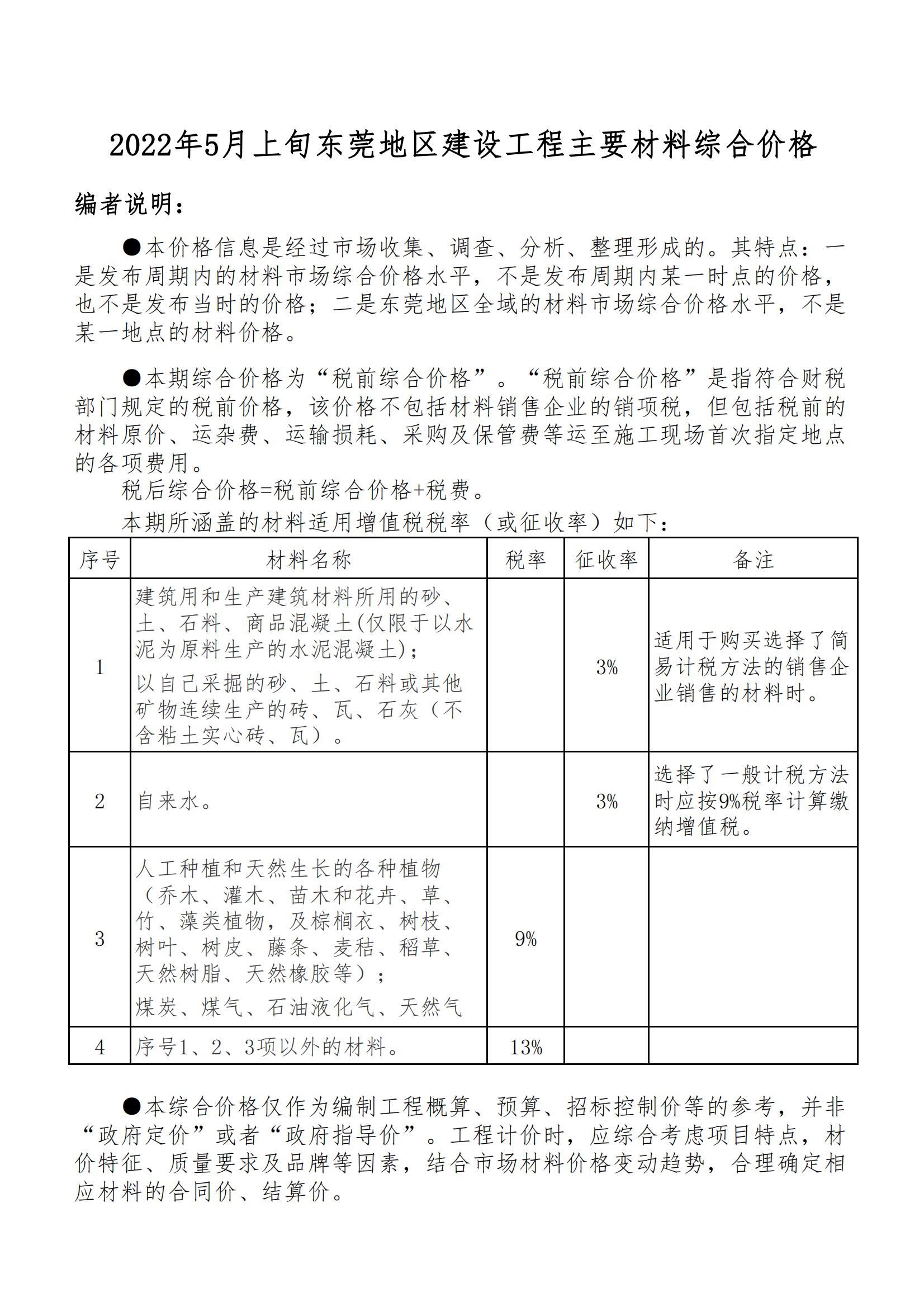 2022年5月上旬东莞地区建设工程主要材料价格信息