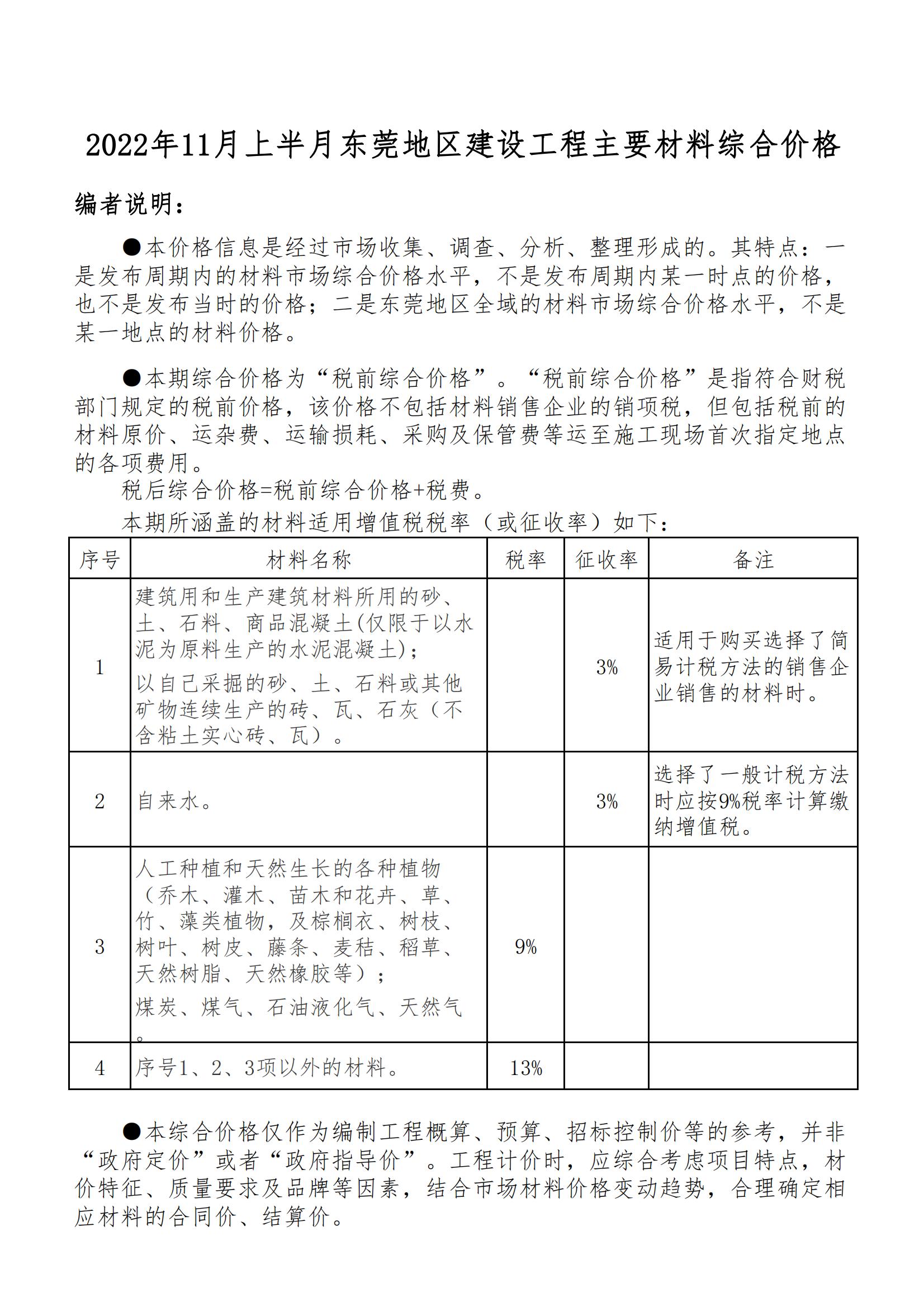 2022年11月上半月东莞地区建设工程主要材料价格信息-预览图1