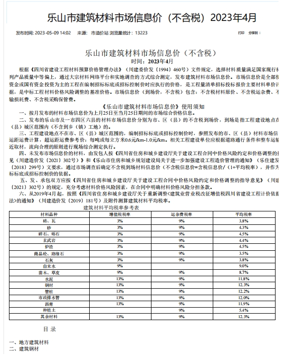 乐山市建筑材料市场信息价2023年4月-预览图1